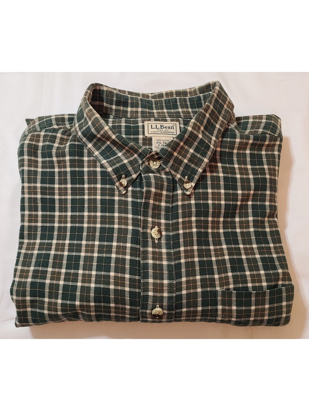 LL Bean Flannel Shirt Mens Sz 2XLT Tall Green Beige Check Pattern Lumberack Fall